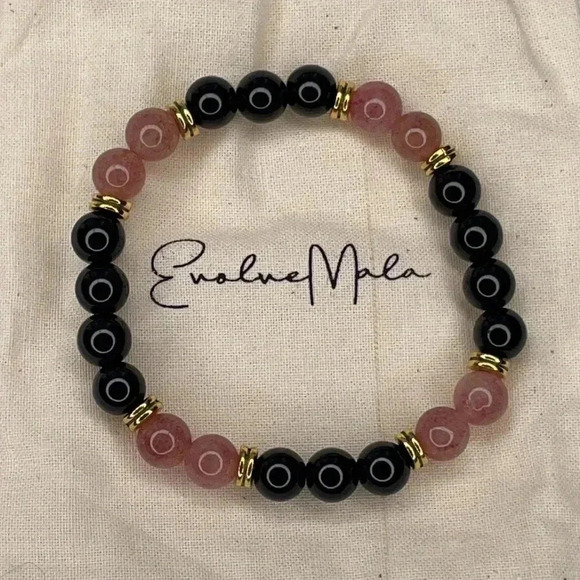 New Crystal Strawberry Quartz Black Tourmaline Stretch Bracelet Medium - Picture 2 of 6